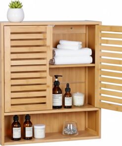 Armario Colgante para baño Relaxdays, 3 estantes, HBT: 66 x 59 x 21 cm, Puertas de Lamas, Cierre magnético, Estrecho.