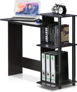 Furinno Efficient Escritorio De Computadora, Color marrón Nogal Oscuro, Square Side Shelves