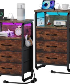 runjuly Juego de 2 mesitas de noche altas con estación de carga, juego de 2 mesas auxiliares de cama, juego de 2 mesitas de noche LED, mesita de noche con cajones, mesa auxiliar de noche con