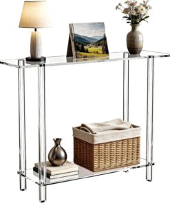 Mesa Consola Estrecha, Acrilico Transparente, 100 x 30 x 80 cm | Mesa de entrada para pasillo, mesa consola detrás del sofá, fácil montaje, cristal acrílico transparente, para pasillo, salón