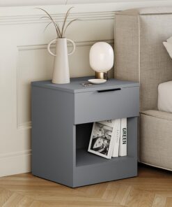 Vida Designs Trega - Mesita de Noche compacta con 1 cajón, Color Gris, 41 x 39 x 28 cm, Madera de ingeniería, cajón de Deslizamiento Suave, Mango Negro Moderno, Ideal para Dormitorio y habitación de