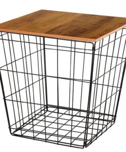AKTIVE MAX Home Mesa Auxiliar 38x38x38 cm, Cuadrada, Tapa Efecto Madera, Almacenaje, Estructura metálica Negra, Líneas geométricas, Estilo Industrial, Decoración, para salón, Dormitorio, Baño (18513)