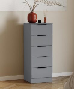 Vida Designs Trega - Cómoda Estrecha de 5 cajones Gris – Unidad de Almacenamiento Delgada Que Ahorra Espacio – 90 x 34,5 x 36 cm – Soporte antiarco, Asas Negras, Corredores deslizantes – para