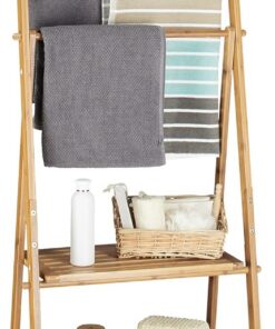 Relaxdays Toallero bambú Plegable, pequeño ropero, 3 estantes, 3 Barras, 4 Ganchos Laterales, 152 x 53 x 31, Madera