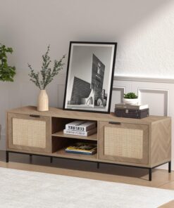 Mueble TV 150 cm Estilo Mediados de Siglo con 2 Puertas de ratán - Soporte para televisores hasta 65 Pulgadas, Consola Moderna para Sala de Estar