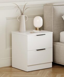 Vida Designs Trega Mesita de Noche con 2 cajones, Color Blanco, compacta Que Ahorra Espacio, 41 x 39 x 28 cm, Madera de ingeniería, cajones deslizantes, Asas Negras Modernas, Ideal para Dormitorio y