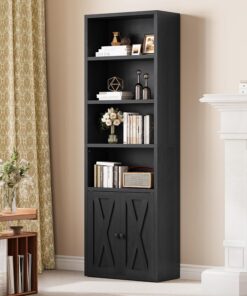 YITAHOME Librería, Estanterías Independientes con Armario, Estantes Industriales, Estante de Almacenamiento, Estante de Madera, Gabinete Alto para Sala de Estar Cocina Oficina en Casa, Negro