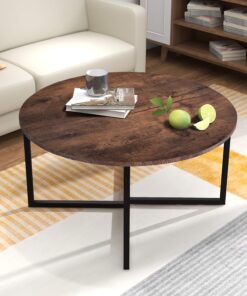 BOFENG Mesa de centro redonda mesa de té, mesa de extremo, mesa de sofá para sala de estar con patas de metal, negro+roble marrón
