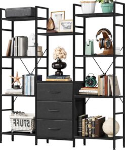 Libreria Estanteria 4 Niveles 120W x142Hcm 3 Cajones, Retro Negro | Estanteria Libros de Alto, Cajones de Tela, Estantería Grande, Industrial, para Sala de Estar Dormitorio Estudiar