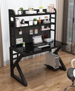 Escritorio de Computadora de Cristal Templado con Tablero de Clavijas, Mesa Gaming Industrial con Estantes de Almacenamiento Moderno Estudio Mesa de Trabajo de Escritura(80CM, Black)