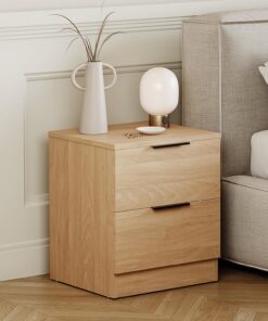 Vida Designs Trega Mesita de Noche compacta de Pino con 2 cajones, Ahorra Espacio, 41 x 39 x 28 cm, Madera de ingeniería, cajones deslizantes, Asas Negras Modernas, Ideal para Dormitorio y habitación