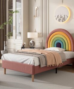 ModernLuxe Somier individual con somier de listones y cabecero regulable en altura, soporte de listones de madera, fácil montaje, cama tapizada para adultos y adolescentes, terciopelo, rosa, 90 x 190