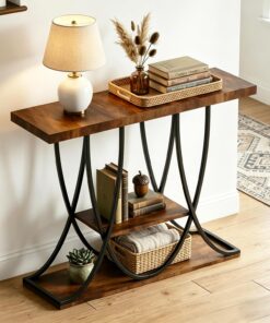 Consola con Estructura metálica Curvada, 98 cm Mesa de Entrada Industrial con estantes, Mesa Auxiliar de 3 Niveles detrás del sofá, Mesa Estrecha para Pasillo, salón, recibidor, Negro