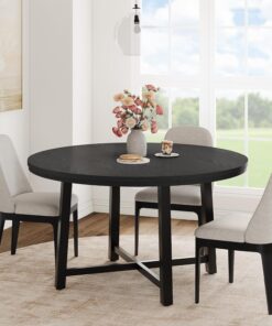 Mesa de comedor redonda de 47 pulgadas, mesa de cocina industrial de madera de granja con marco de metal resistente, espacioso y grande para 4-6 personas, fácil montaje, color negro