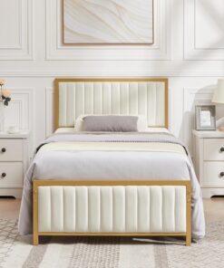 VECELO Estructura de Cama de 90 x 200 cm, Cama de Metal Individual con cabecero y pie tapizados, Marco de Cama con somier, 32 cm de Altura Debajo de la Cama, no Requiere somier, Color Beige