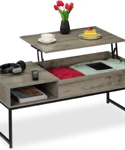 Relaxdays Mesa de Centro Abatible, Mesita Baja, 45x110x50 cm, Compartimento Lateral y de Almacenamiento, Metal, Gris