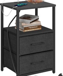 TUTOTAK Mesa auxiliar con estación de carga, mesita de noche, mesa auxiliar con 2 puertos USB y tomas, mesita de noche con cajón de tela, mesita de noche para sala de estar, dormitorio, color negro