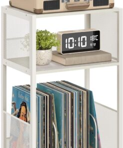 VASAGLE Soporte para tocadiscos, mesa auxiliar de 3 niveles, almacenamiento de discos de vinilo hasta 100 álbumes, mesa auxiliar para salón, dormitorio, blanco rústico ULET275W01