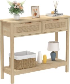 Trironsun Mesa consola de ratán bohemio con 2 cajones, mesa de entrada de 2 niveles, mesas de sofá de madera con estante de almacenamiento abierto para sala de estar, pasillo, vestíbulo