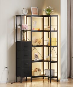 Estanteria Esquina 5 Niveles LED 4 Cajones Tela, Estanterias Libros Negro | Libreria Estanteria Esquinera, Estanteria para Libros Industrial, Almacenaje para Sala Dormitorio Oficina