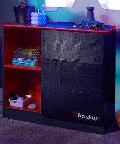 X-Rocker Cómoda negra, 3 cajones con asas integradas y guías de metal, tira de iluminación LED RGB personalizable para iluminación ambiental, muebles de dormitorio de niños, juegos - gris/rojo