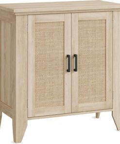 Garvee Aparador De Ratán, Mueble Auxiliar De Cocina Estrecho De Madera con Estante Ajustable, Organizador Rústico para Comedor, Salón y Espacios Pequeños, Madera Natural 80×40×83 cm