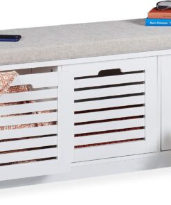 Relaxdays Banco Almacenamiento con 3 Cajones y Cojín, Recibidor, Cocina, DM-Poliéster, 1 Ud., 44 x 105 x 35 cm, Blanco