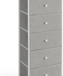 SONGMICS Cómoda Mueble de Almacenamiento para Dormitorio, Columna de Almacenamiento de Tela con 5 cajones, Marco de Metal, Gris Claro y Blanco LTS315G01