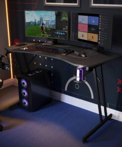 X-Rocker Panther Evo - Escritorio para juegos de fibra de carbono, 120 x 60 cm, diseño que ahorra espacio, gancho para auriculares, soporte para tazas, marco de metal resistente para niños y