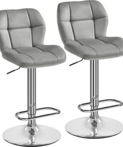 Yaheetech Juego de 2 Taburetes de Bar Sillas Altas Gris Claro Póliester | Terciopelo, Altura Ajustable Entre 62,5 y 84,5cm, Giratorio con Respaldo y Reposapies, para Salón Cocina Comedor Mostrador