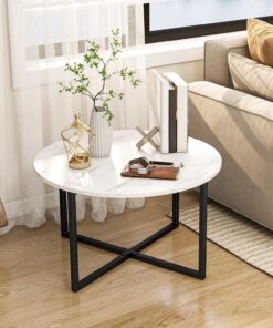 BOFENG Mesa de centro redonda de té, mesa auxiliar, mesa de sofá para sala de estar con patas de metal, color negro y blanco