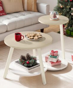 YITAHOME Mesa de Centro Redonda, Juego de 2 Mesas Auxiliares, Mesas Bajas Nido con Mesa Auxiliar en Forma de C, Mesa de Sofá con Espacio de Almacenamiento para Salón, Dormitorio, Roble
