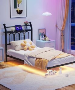 Marco de cama de 90 x 200 cm con estación de carga e iluminación LED, resistente cama de metal con cabecero de estantería, moderna cama de invitados, cama juvenil, cama individual de metal con