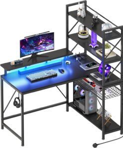 YITAHOME Escritorio esquinero para Juegos en Forma de L con Tomas de Corriente y Luces LED, Escritorio de Esquina con estantes de 120 cm, Escritorio Reversible para computadora con estantes de
