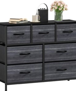 DWVO Cómoda Ancha, cómoda de Tela con 7 cajones, cómoda para Dormitorio, Sala de Estar con Asas, Parte Superior de Madera y Marco de Acero Resistente, Grano de Madera Negro carbón