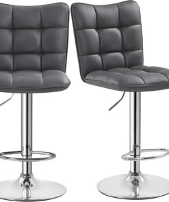 Yaheetech 2 Taburetes de Bar Sillas Giratorias de Piel Sintética Gris | Silla Alta con Respaldo y Reposapiés, Tejido Acolchado, Ajustable y Giratorio 360°, para Desayuno, Mostrador, Cocina y Hogar