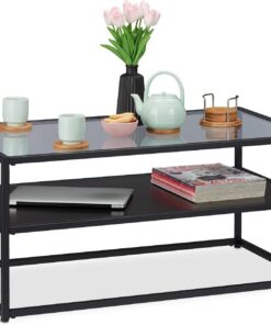 Relaxdays Mesa Centro Cristal de Salón con Balda Inferior, Diseño Moderno, Vidrio, DM y Metal, Negro, 42 x 90 x 50 cm