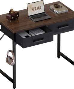 PAMRAY 80x40cm Escritorio pequeño con 2 cajones, Ideal para Dormitorio, Estudio, Escritura, hogar y Oficina, Espacios pequeños, Marrón
