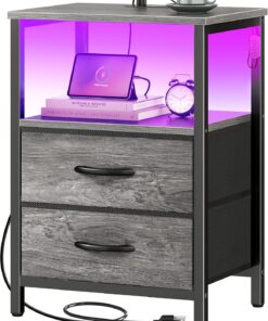 Huuger Mesita de noche con estación de carga y luces LED, mesita de noche de 2 cajones, mesa auxiliar de cama con estante abierto, mesa auxiliar, cajones de tela para dormitorio, color gris