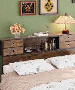 VEDECASA Cabecero de cama de 160 x 200 cm con 4 cajones de tela y estante, cabecero independiente con espacio de almacenamiento, fijación ajustable para marco de cama, madera, metal, estilo industrial