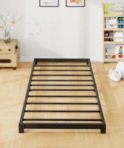 Cama de metal 90 x 200 cm – 8 cm de alto, estructura individual de metal con soporte de listones de acero, fácil montaje, silencioso, color negro