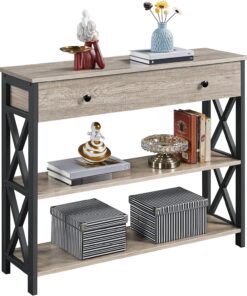 Yaheetech Mesa Consola Recibidor de Entrada con Cajon 100x29.5x81cm Gris | Mesa Auxiliar de Estilo Industrial Mueble Recibidor de 3 Niveles para Salón Pasillo