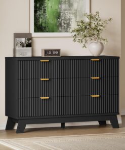 BORNOON Cómoda acanalada de 6 cajones, cómoda moderna bohemia de 47.2 pulgadas de ancho, cómoda de almacenamiento de madera para dormitorio, sala de estar, armario, pasillo, diseño de perfil curvado
