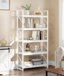 YITAHOME - Estantería de 5 niveles para libros industrial, gran biblioteca independiente, estante de madera y marco de metal, estante de almacenamiento para sala de estar, oficina en casa, blanco puro
