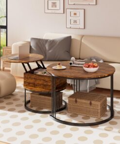 Mesa de Centro Redonda – Juego de 2 Mesas Nido de 70cm/50cm, Tapa Elevable Hidráulica con Almacenamiento Oculto, Mesa Central para Sala de Estar, Espacios Pequeños, Oficina en Casa