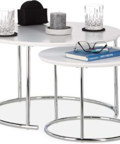 Relaxdays Juego de 2 Mesa Auxiliar Redonda, Madera-Metal, Blanco, 2 Unidades