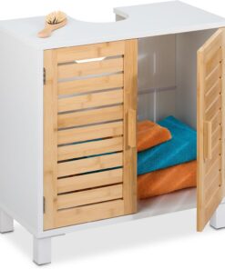 Relaxdays Mueble Bajo Lavabo con 2 Puertas, Armario Baño, 60x60x32 cm, MDF y Bambú, Agujero para Sifón, Blanco y Natural