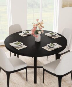 Mesa de comedor redonda para 4 a 6 personas, mesa de cocina de madera de 47 pulgadas con marco de metal resistente, mesa de cocina circular moderna con acabado rústico industrial para comedor y cocina