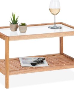 Relaxdays Mesa de Centro con Tablero Cristal, Mesita Sofá con Estante, Madera de Nogal, Salón, 35x60x40 cm, Natural