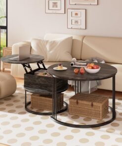 Mesa de Centro Redonda – Juego de 2 Mesas Nido de 70cm/50cm, Tapa Elevable Hidráulica con Almacenamiento Oculto, Mesa Central para Sala de Estar, Espacios Pequeños, Oficina en Casa